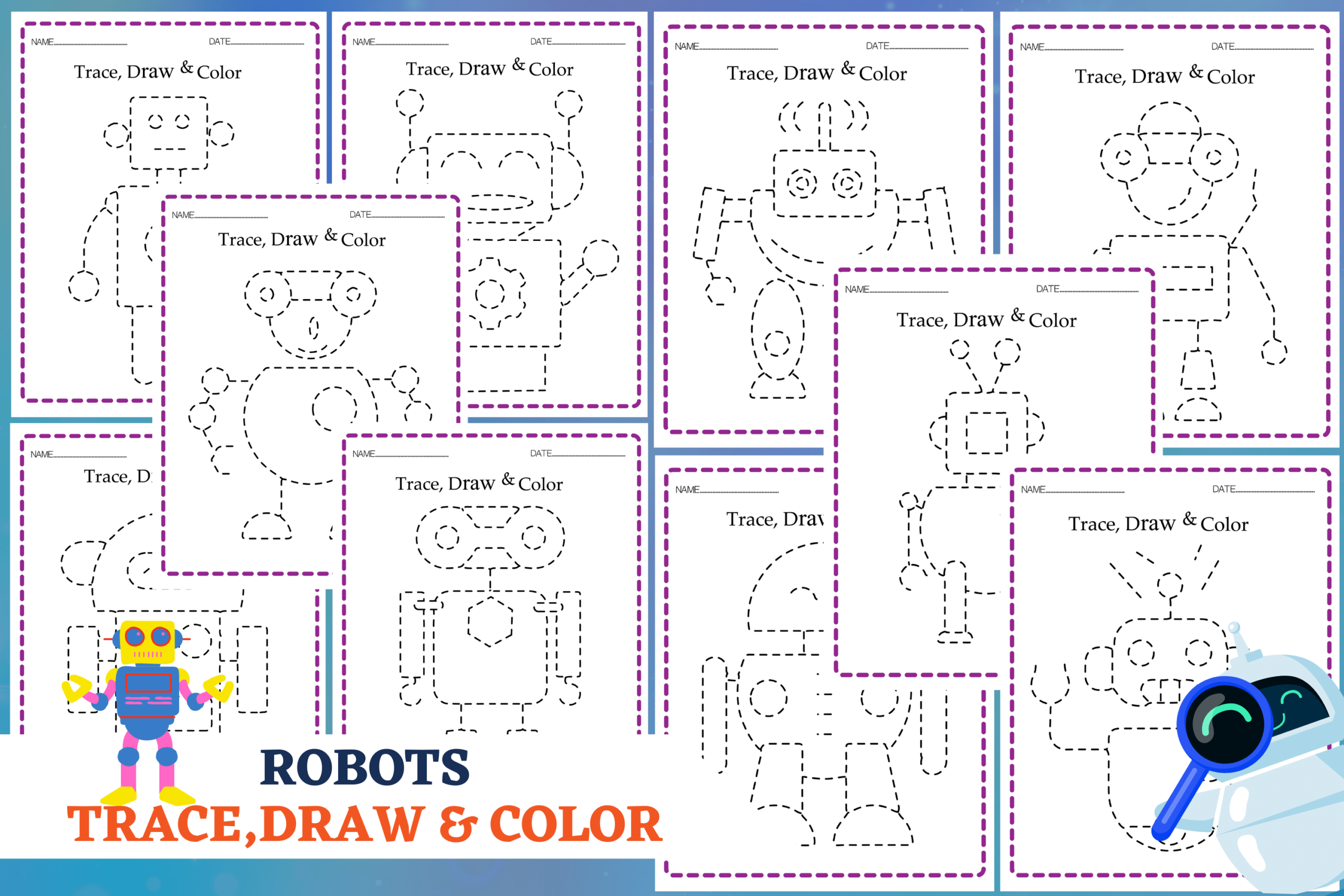 Robots Trace And Color Worksheets Graphic By Teachermmm Creative 