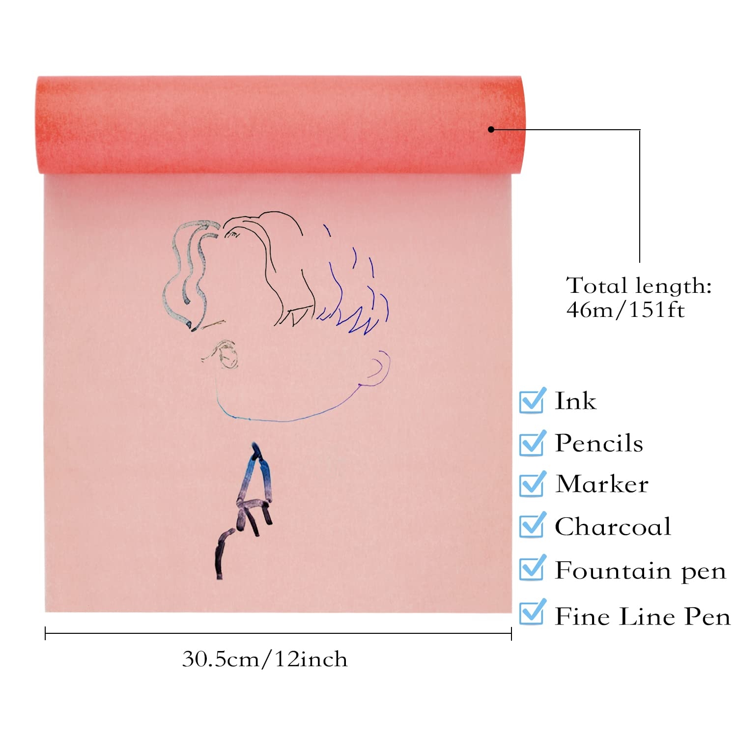 Rocutus Tracing Paper Roll 12 X 50 Yards Pink 50 Sheets 