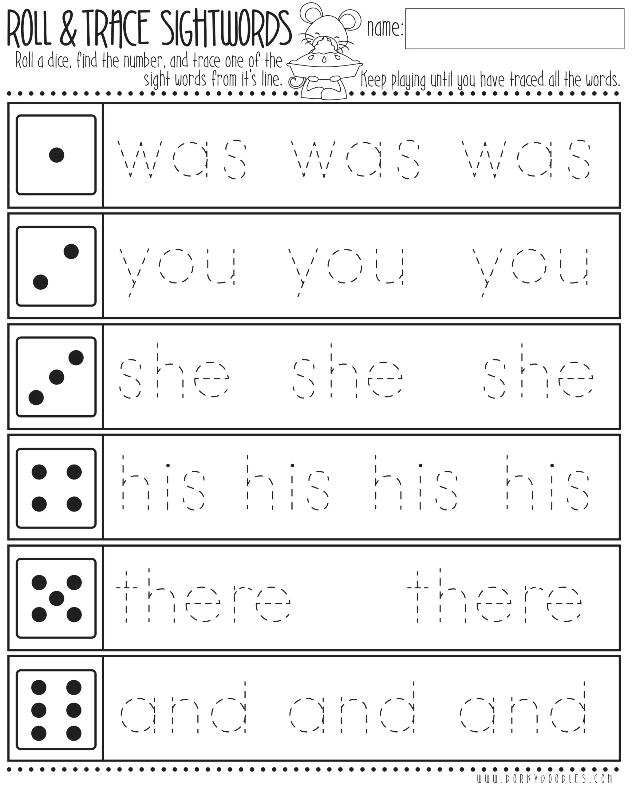 Roll And Trace Sight Words With Thanksgiving Mouse Dorky Doodles Roll And Trace Sight Words With Thanksgiving Mouse Dorky Doodles