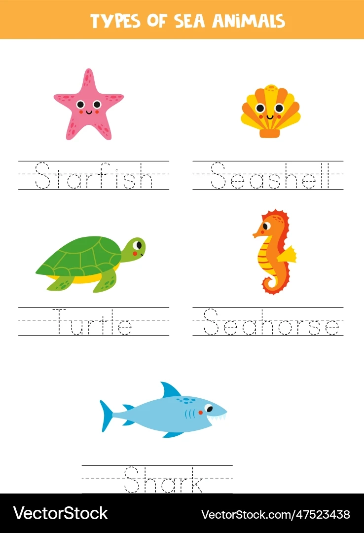 Sea Animal Tracing Worksheet Alphabet Practice Royalty Free 