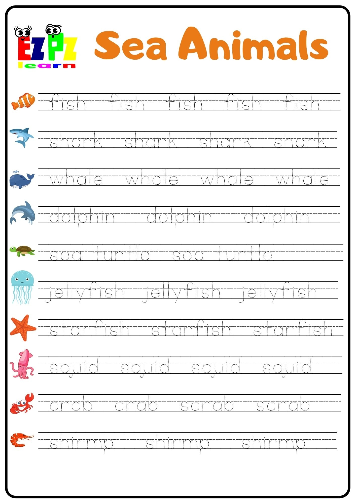 Sea Animals Word Tracing Worksheet Ezpzlearn Sea Animals Word Tracing Worksheet Ezpzlearn