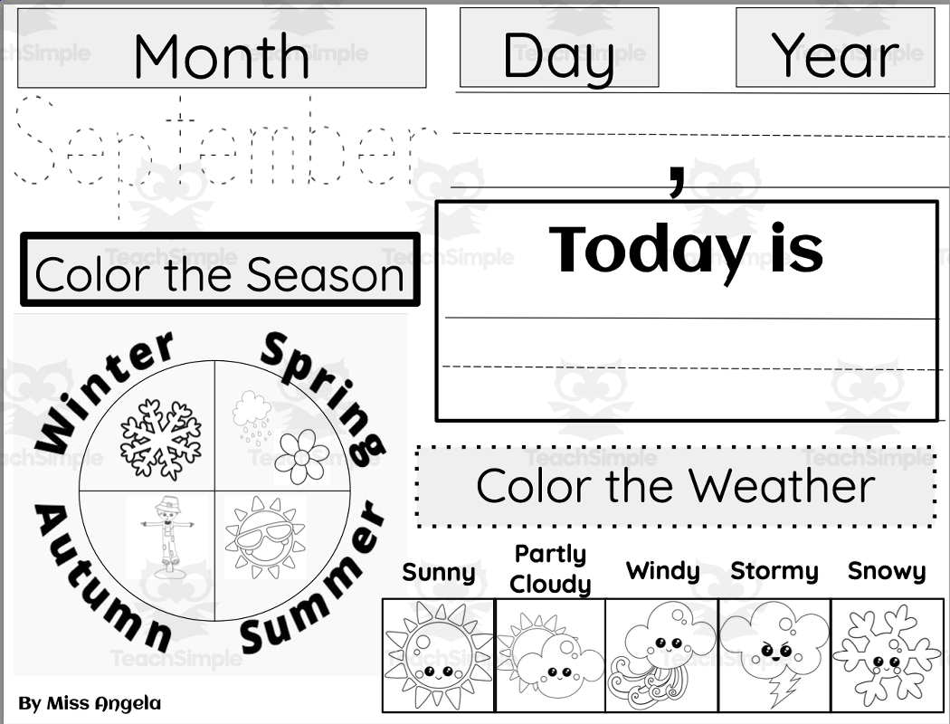 September Calendar Skills Daily Worksheet Trace Write Color FREE