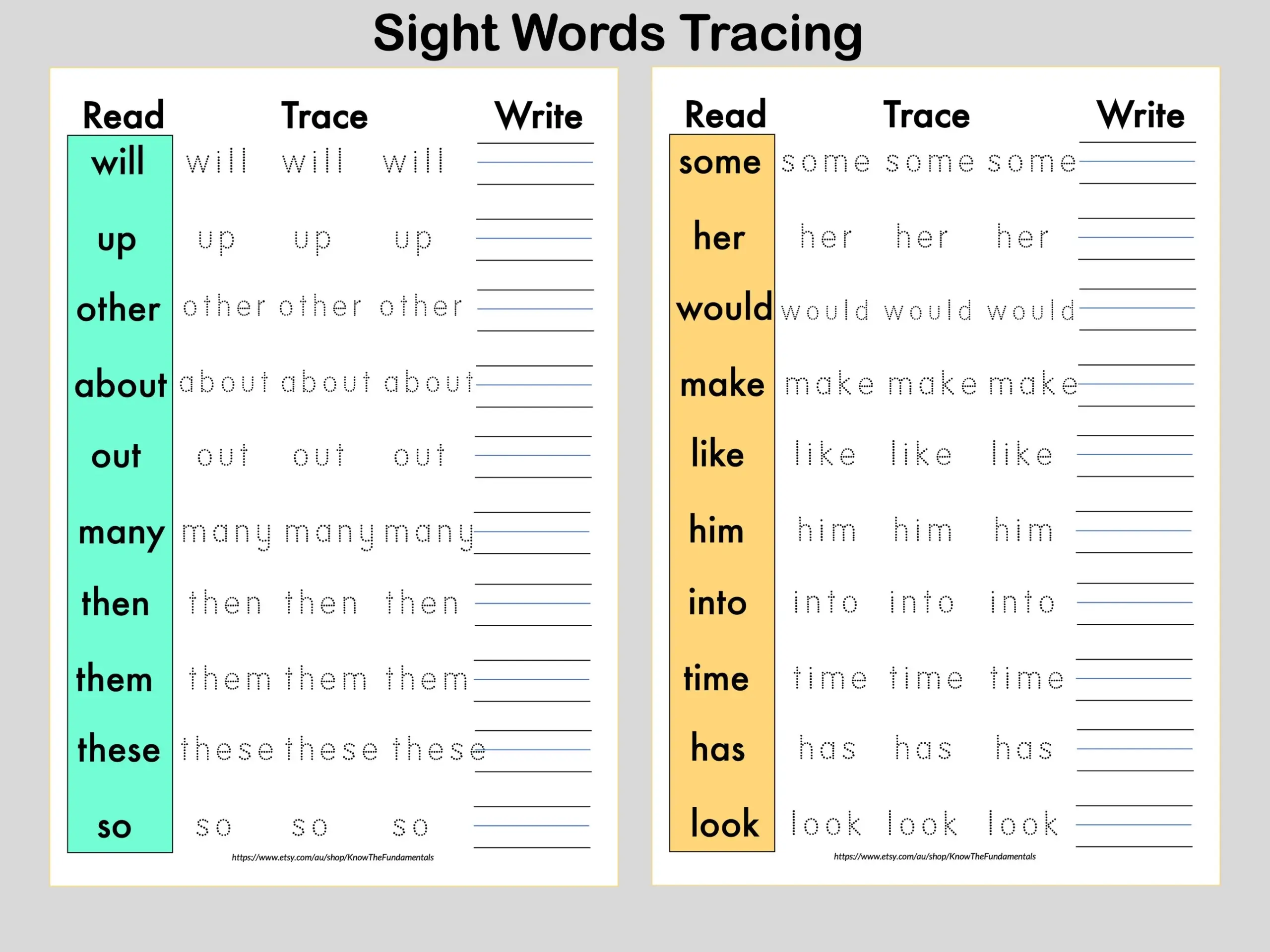 Sight Words Tracing Worksheets High Frequency Words Printable 