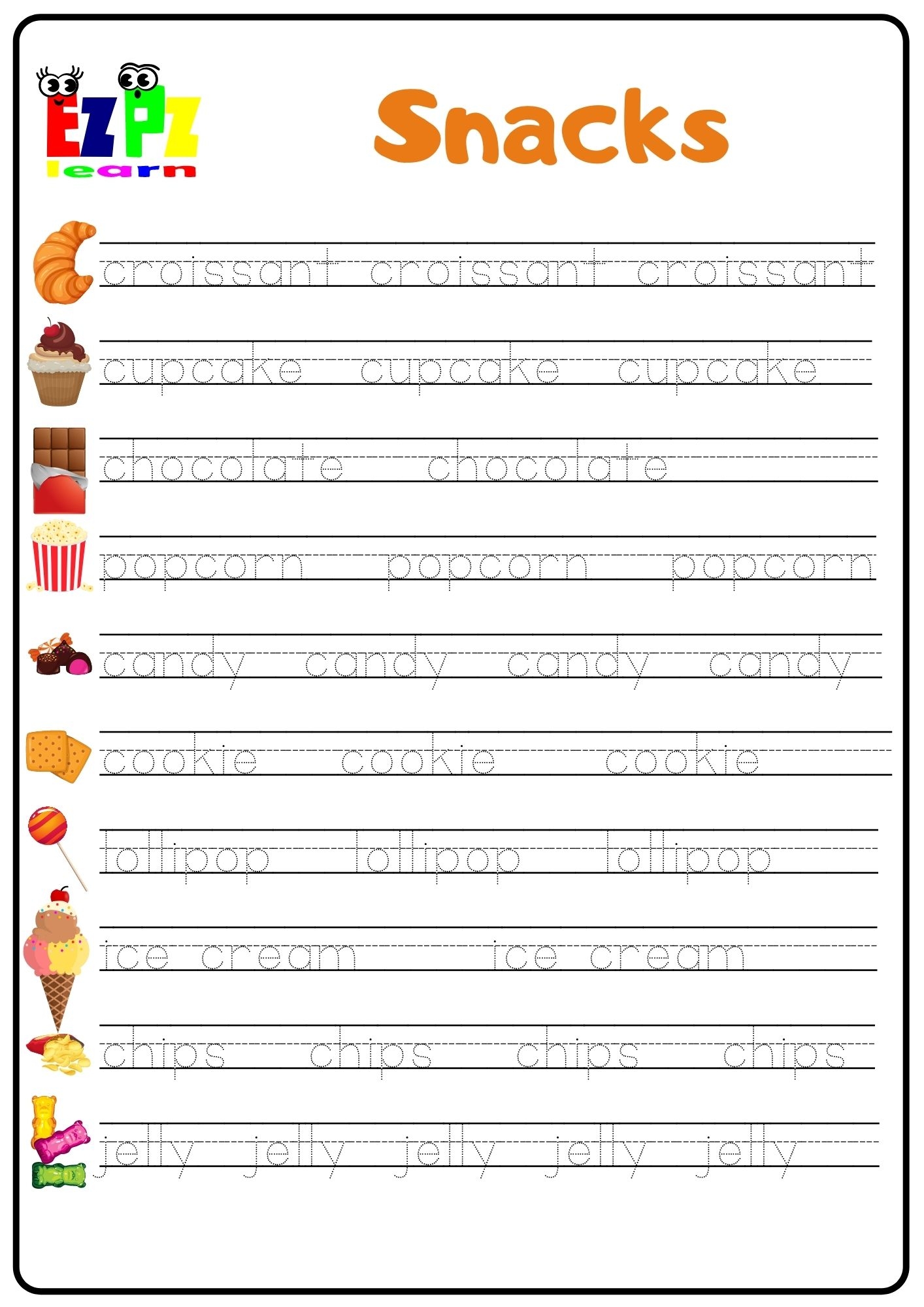 Snacks Word Tracing Worksheet Ezpzlearn