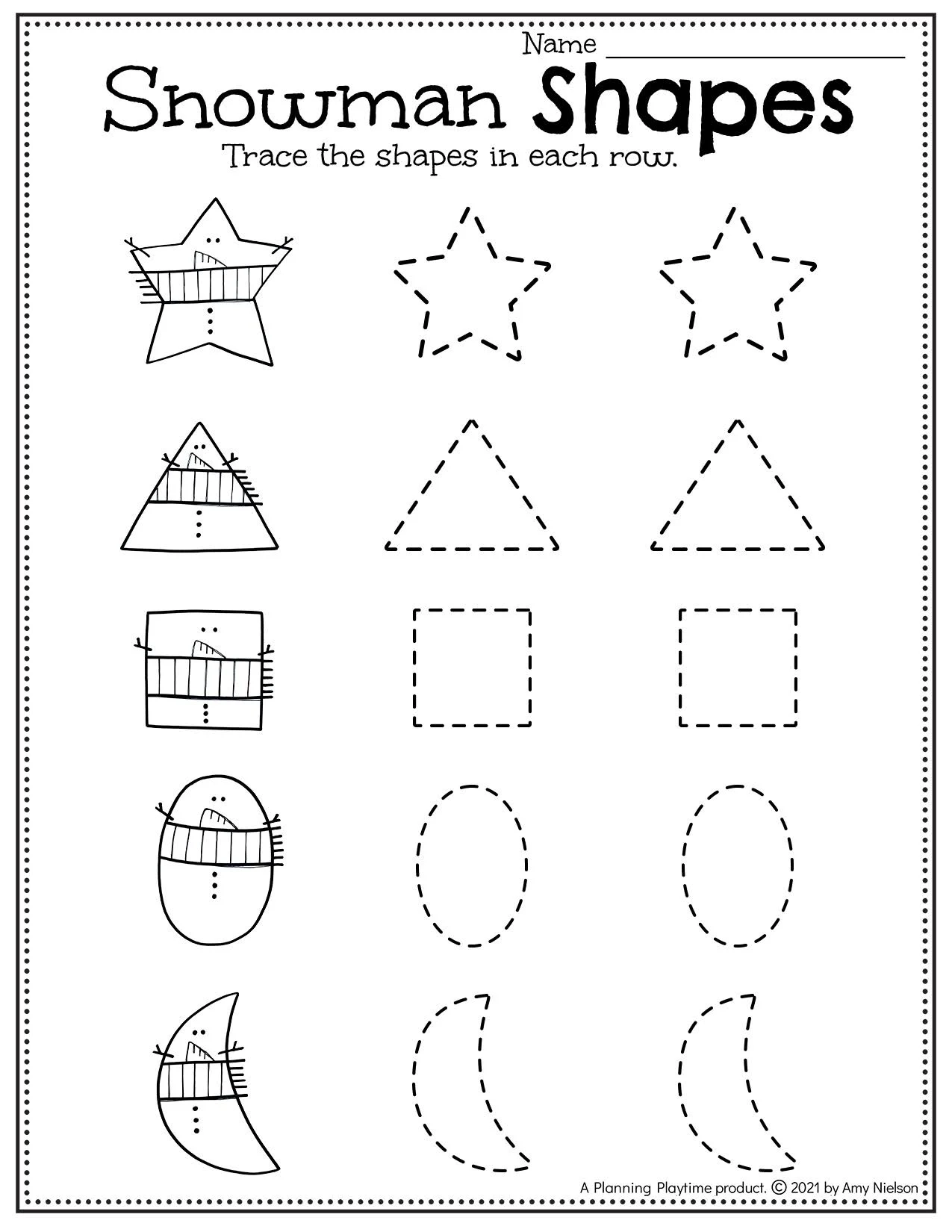 Snowman Shapes Tracing Winter Preschool Worksheets 