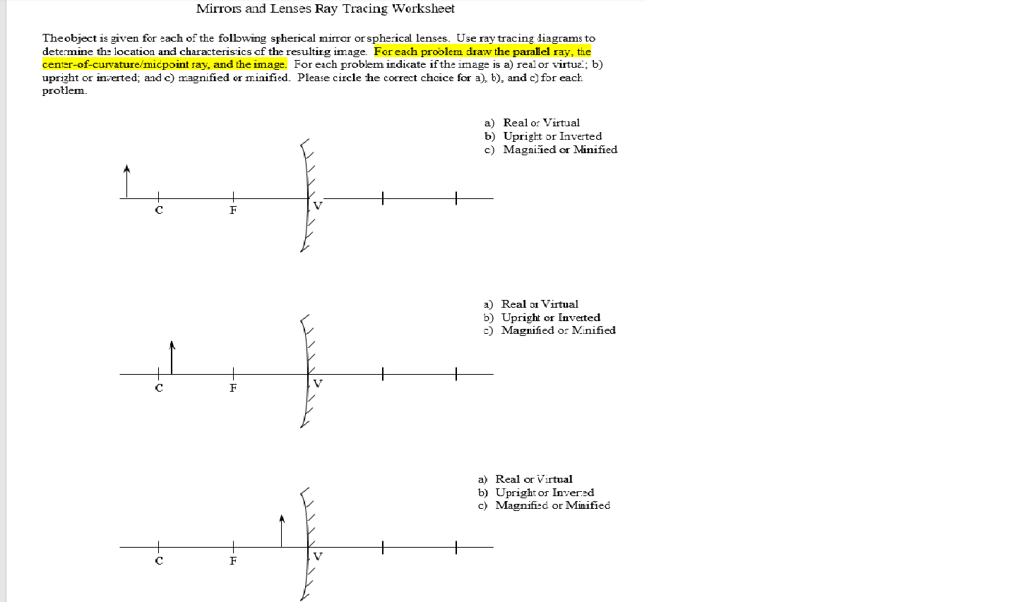 Solved Mirrors And Lenses Ray Tracing Worksheet Theobject Is 