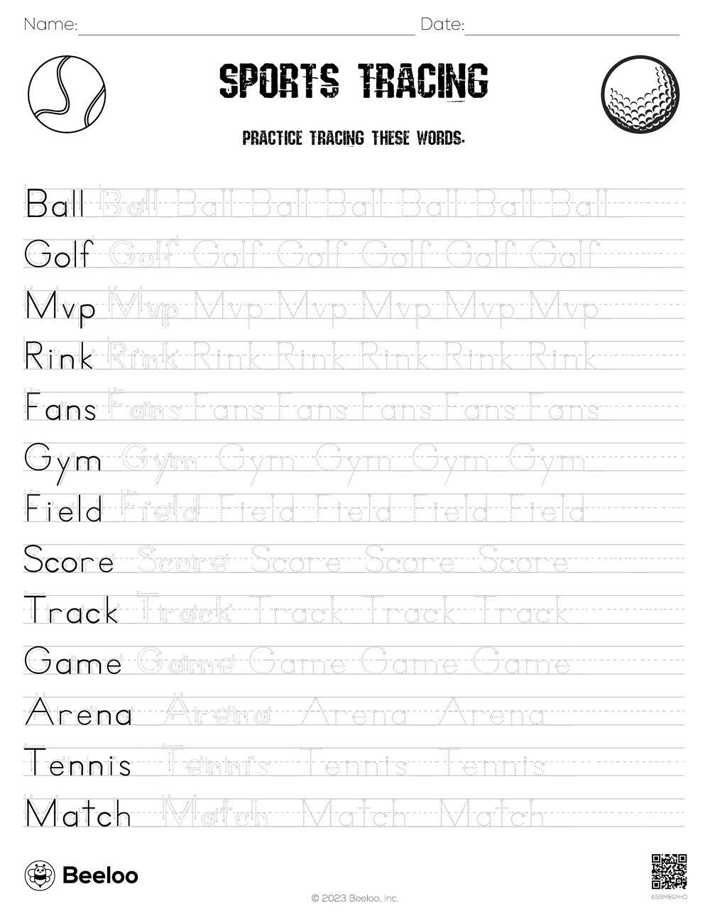 Sports themed Word Tracing Worksheets Beeloo Printable Crafts 