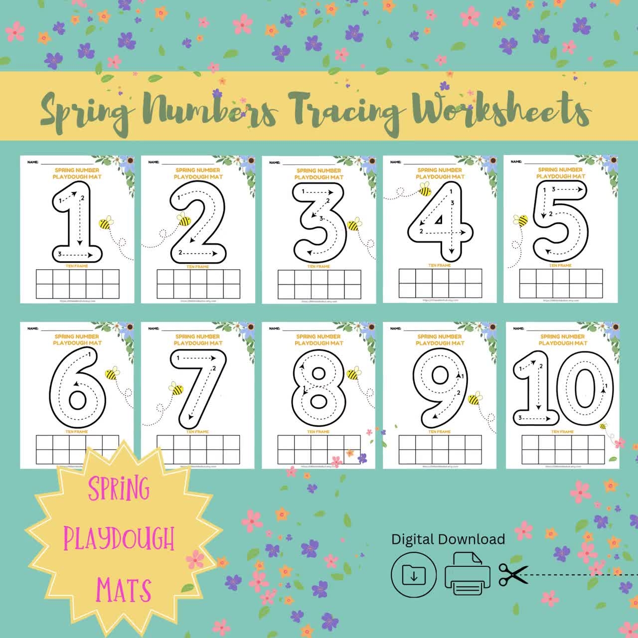 Spring Number Tracing Worksheets Playdough Mats Digital Download 