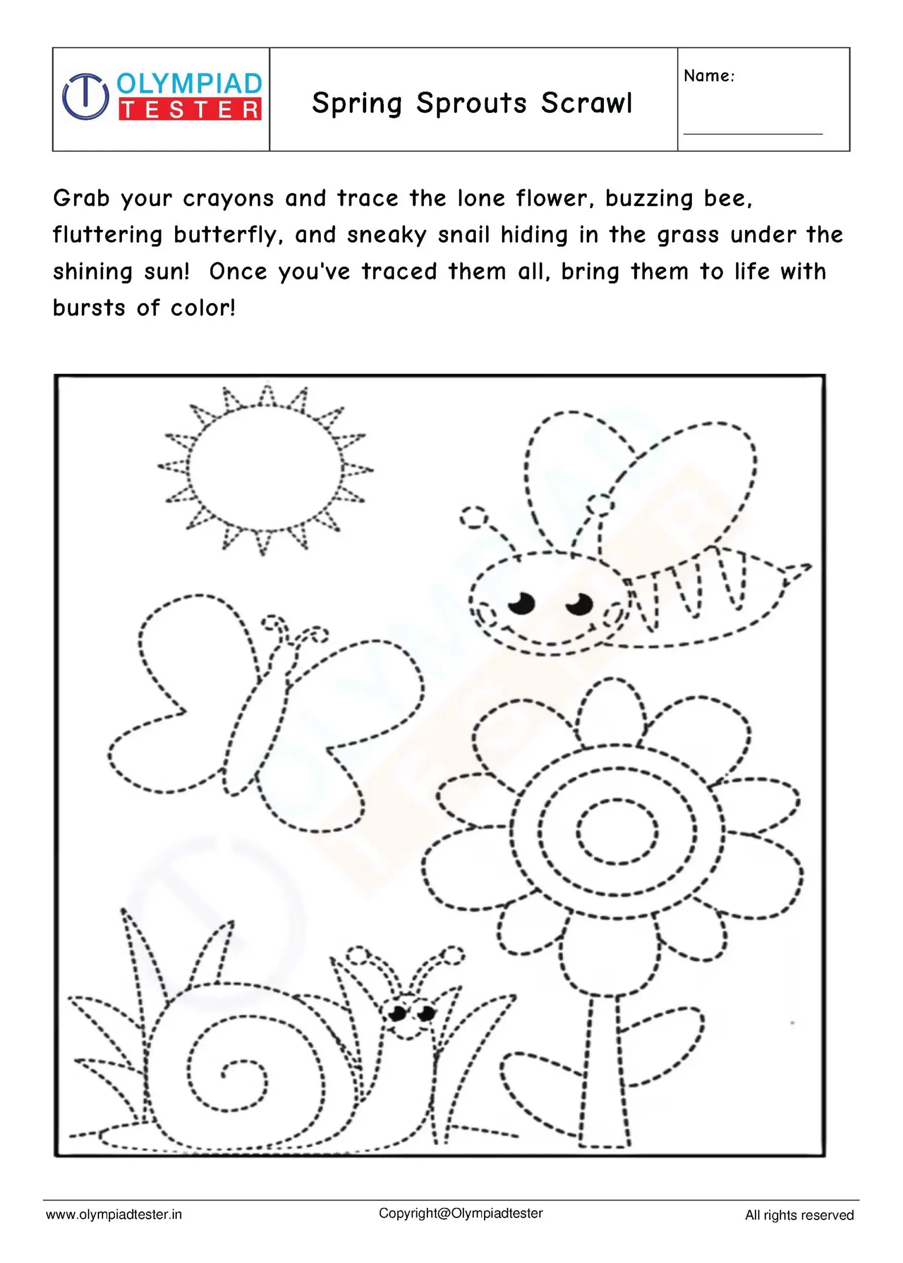 Springtime Tracing And Coloring PDF Worksheet Olympiad Tester