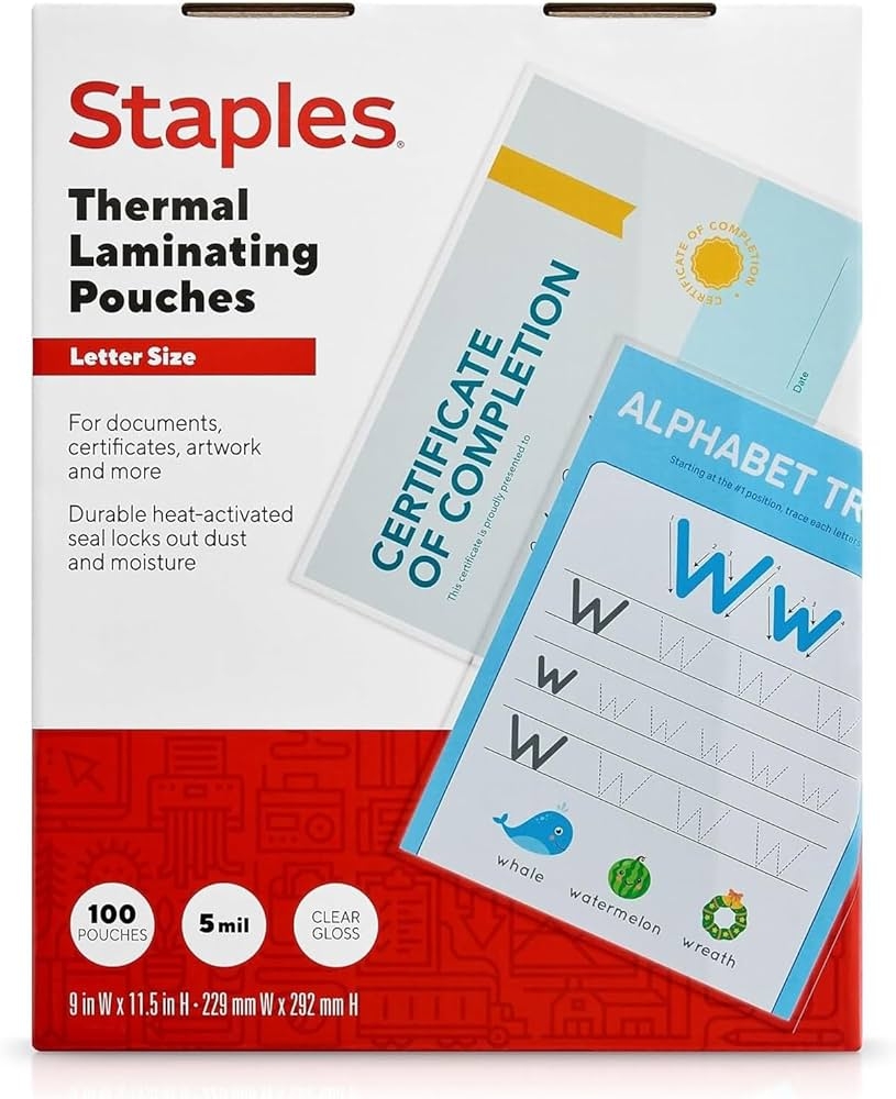 Staples Letter Size Thermal Laminating Pouches 5 Mil 100 Pack 