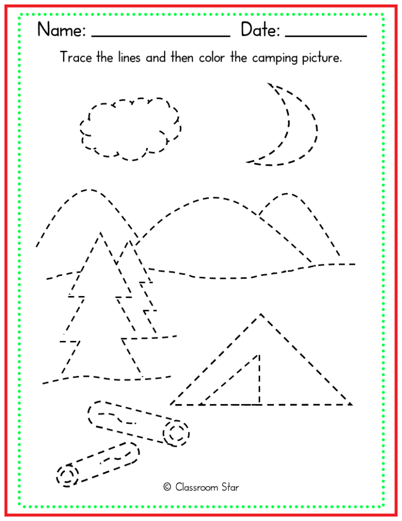 Summer Camping Tracing Practice Activity Classroom Star Worksheets
