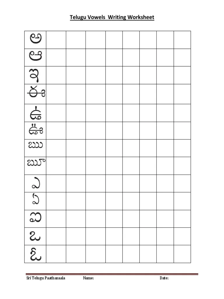 Telugu Vowels Writing Worksheet PDF