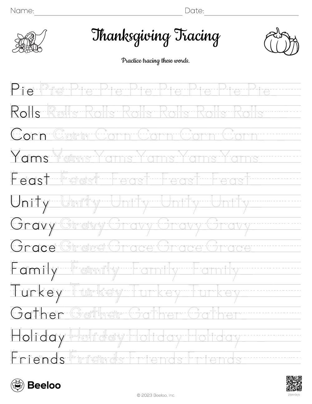 Thanksgiving themed Word Tracing Worksheets Beeloo Printable 