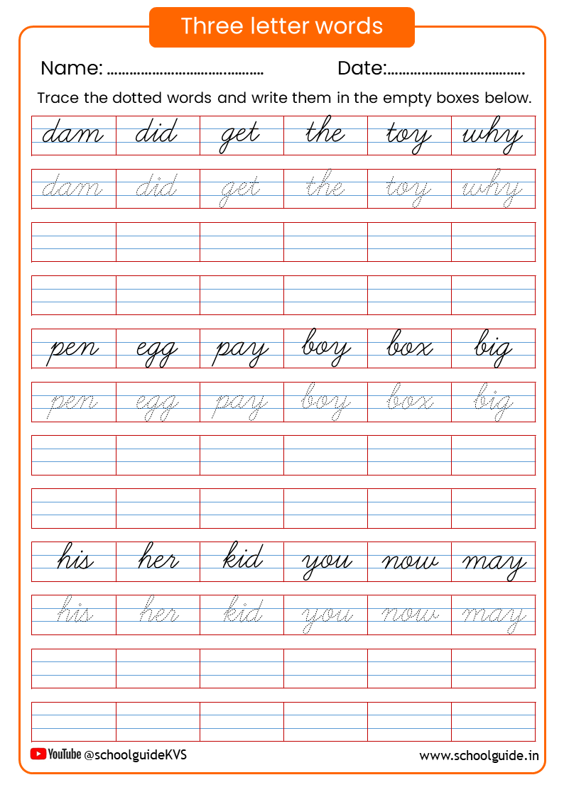 Three Letter Words Cursive Worksheets