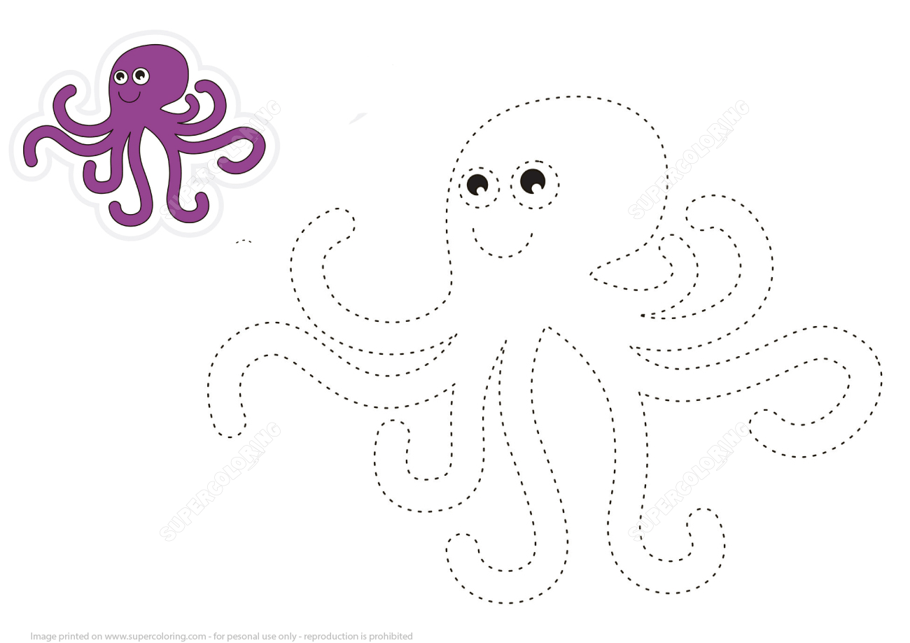 Trace And Color Cartoon Octopus Free Printable Worksheets