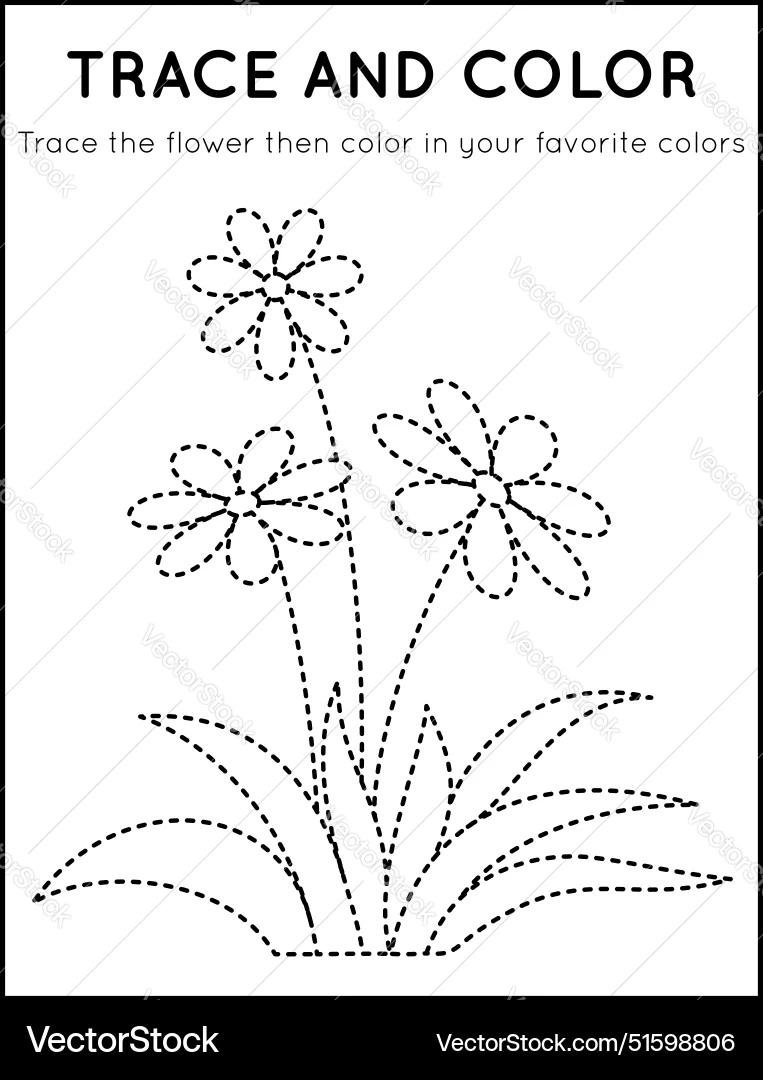 Trace And Color Cute Flower In Worksheet For Kids Royalty Free 
