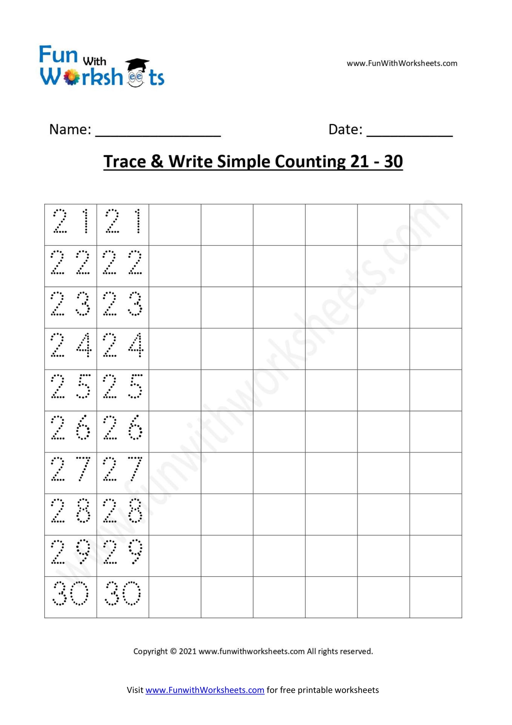 21 To 30 Tracing Worksheet