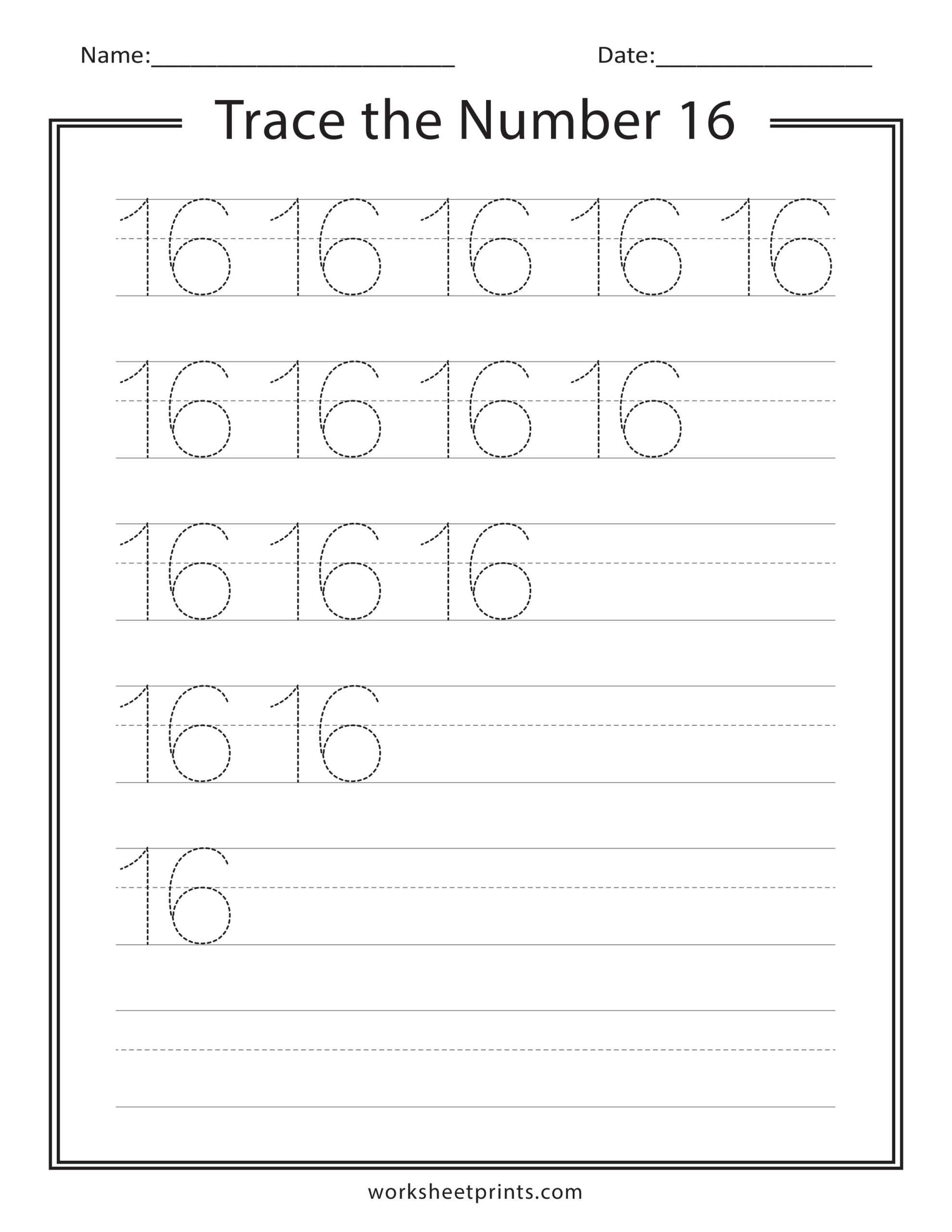 Trace Number 16 Free Tracing Worksheets