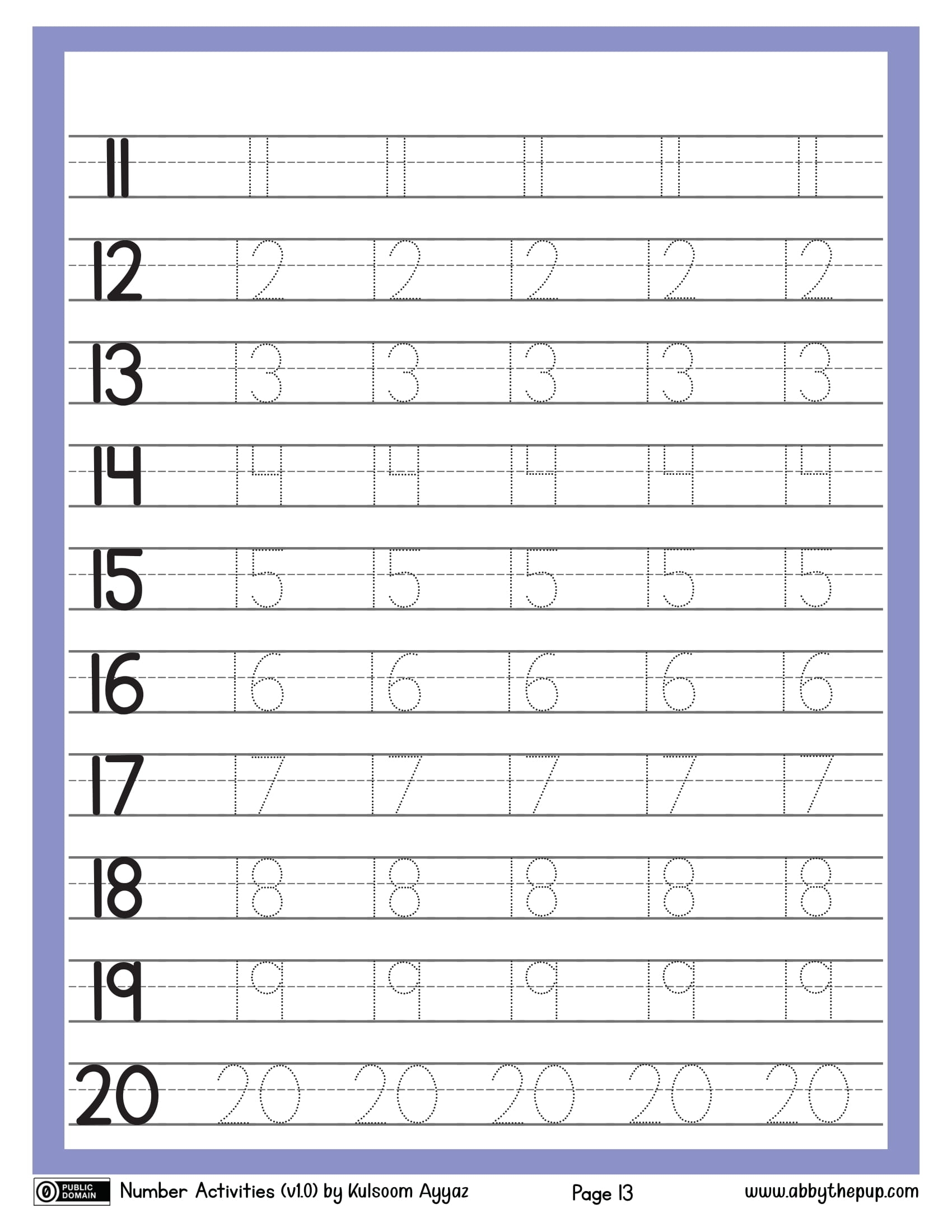 Numbers 11 20 Tracing Worksheets