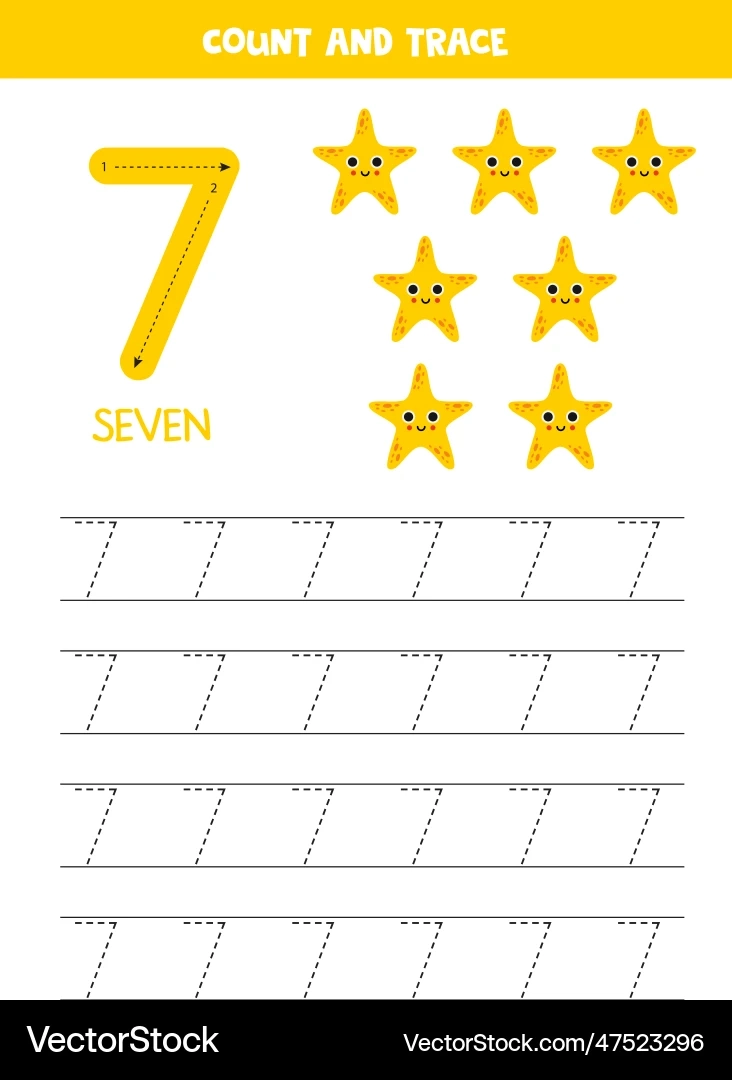 Trace Numbers Number 7 Seven Yellow Cartoon Royalty Free Vector 