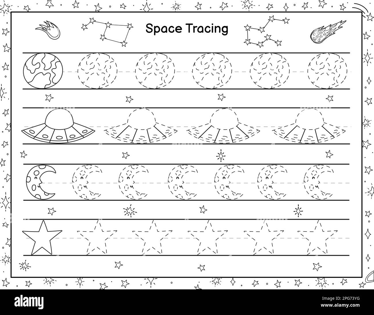 Trace Space Objects Activity Page For Kids Black And White 