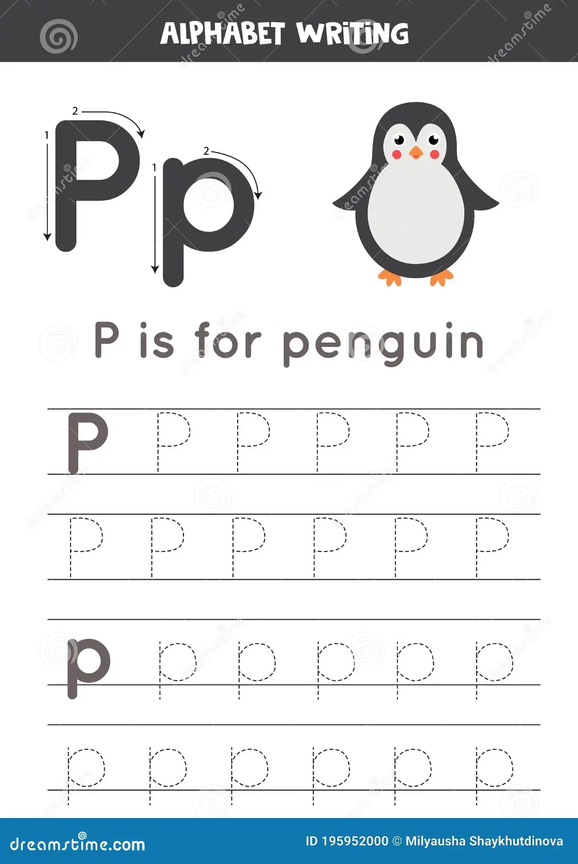 Tracing Alphabet Letter P With Cute Cartoon Penguin Stock Vector 