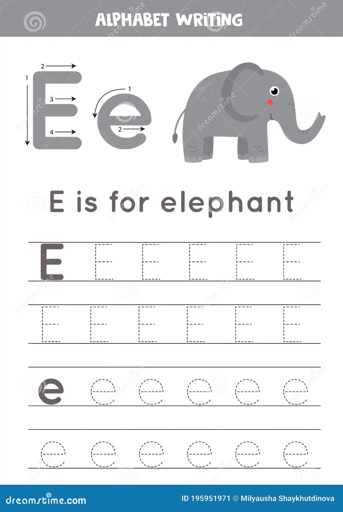 Tracing English Alphabet Letter E Is For Elephant Stock Vector 