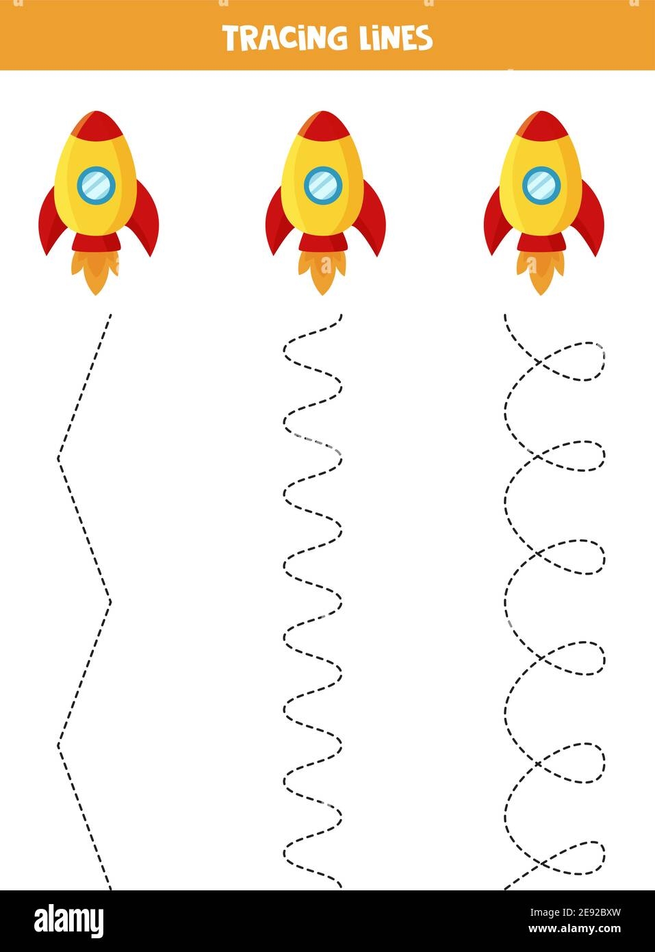Tracing Lines For Kids With Cartoon Rocket And Planets 