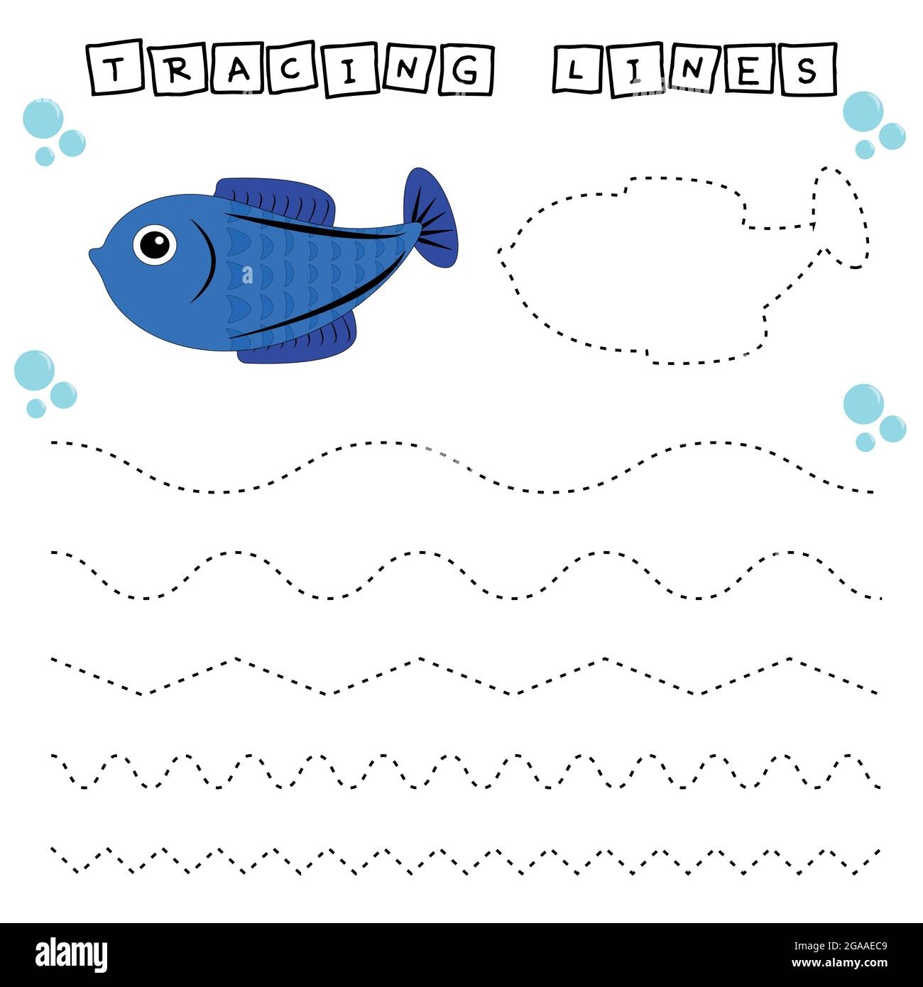 Tracing Lines Game With Funny Fishes Worksheet For Preschool Kids 
