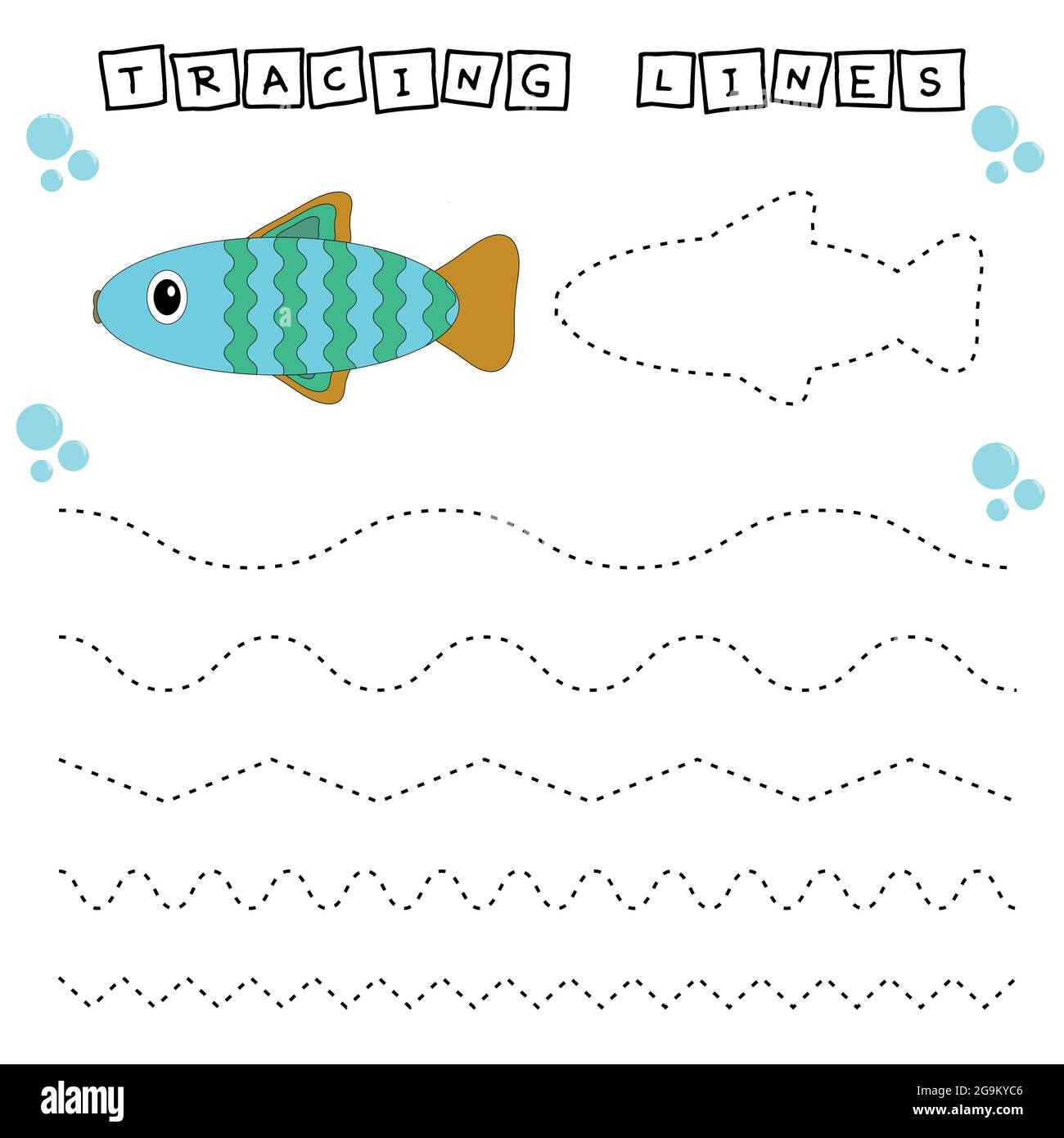 Tracing Lines Game With Funny Fishes Worksheet For Preschool Kids 