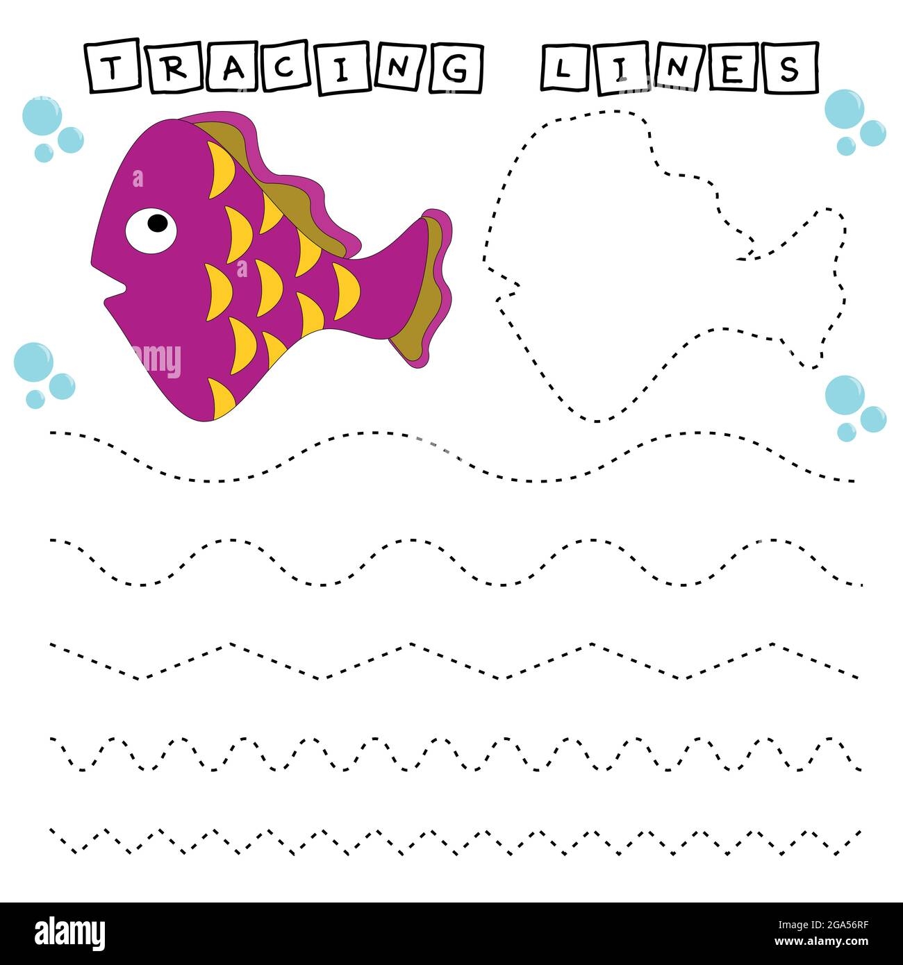 Tracing Lines Game With Funny Fishes Worksheet For Preschool Kids 