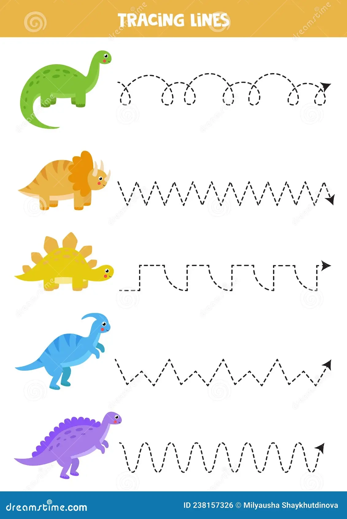 Tracing Lines With Cute Dinosaurs Writing Practice Stock Vector 