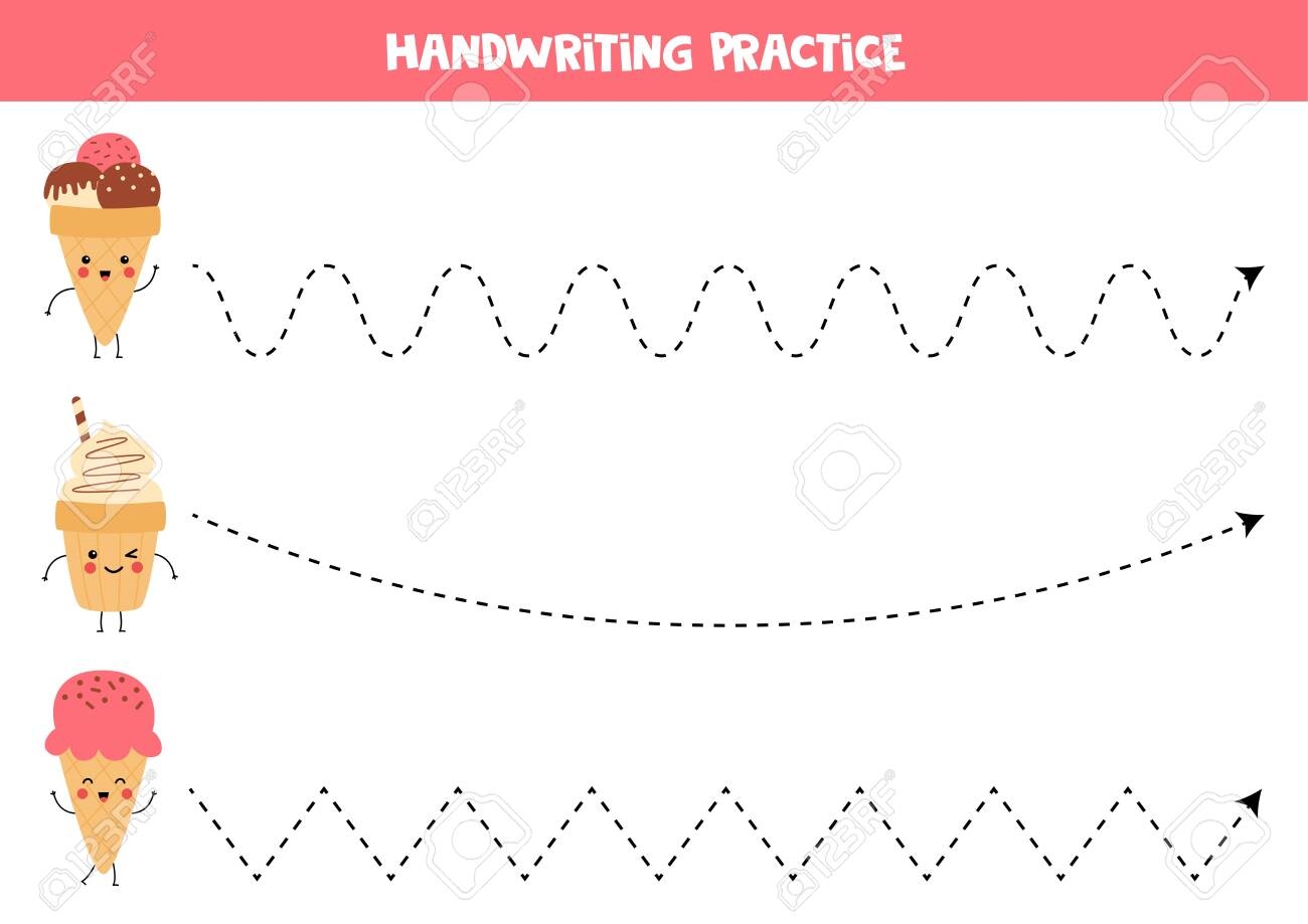 Tracing Lines With Cute Kawaii Ice Creams Handwriting Practice 
