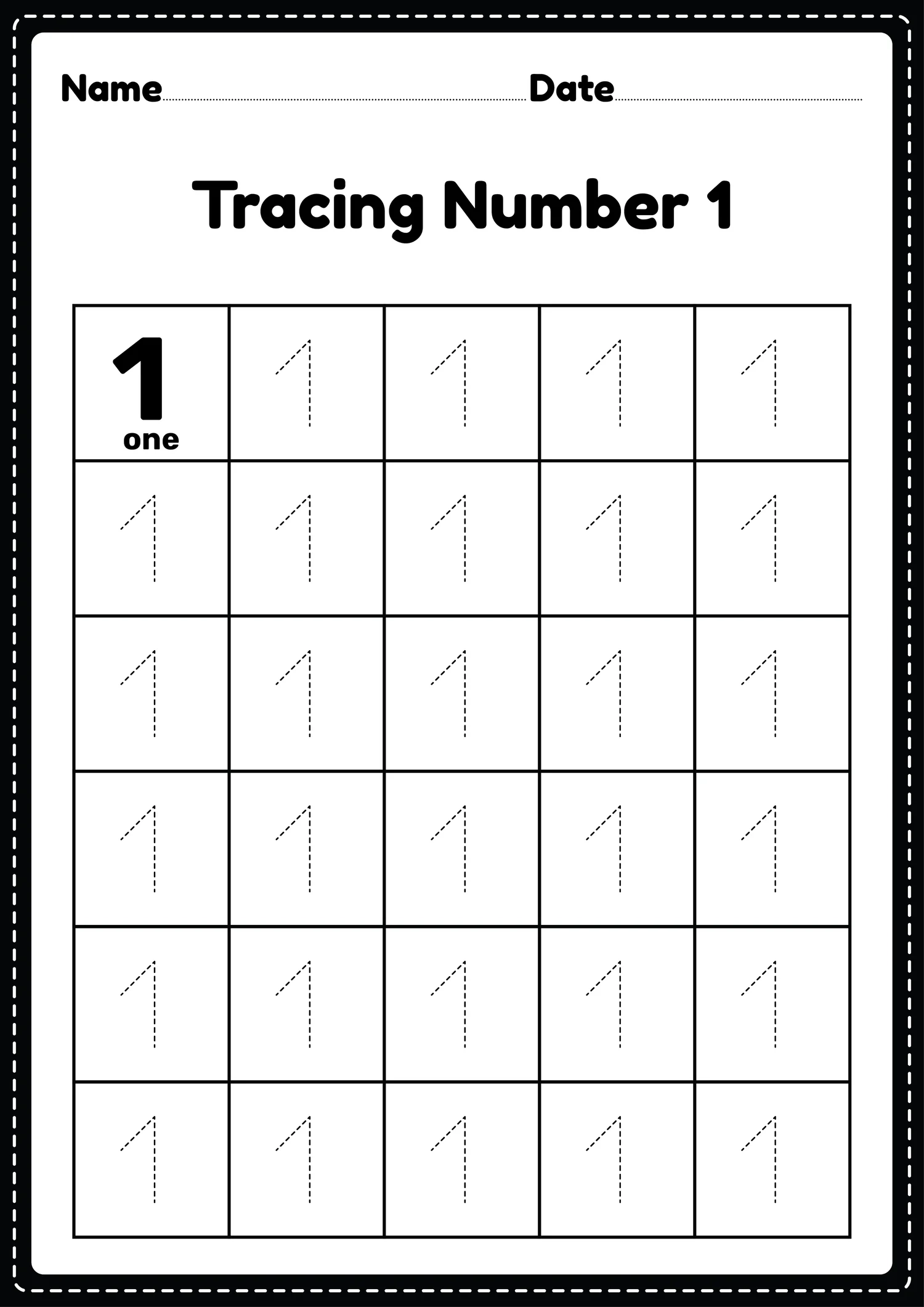 Tracing Number 1 Worksheet For Kindergarten And Preschool Kids 
