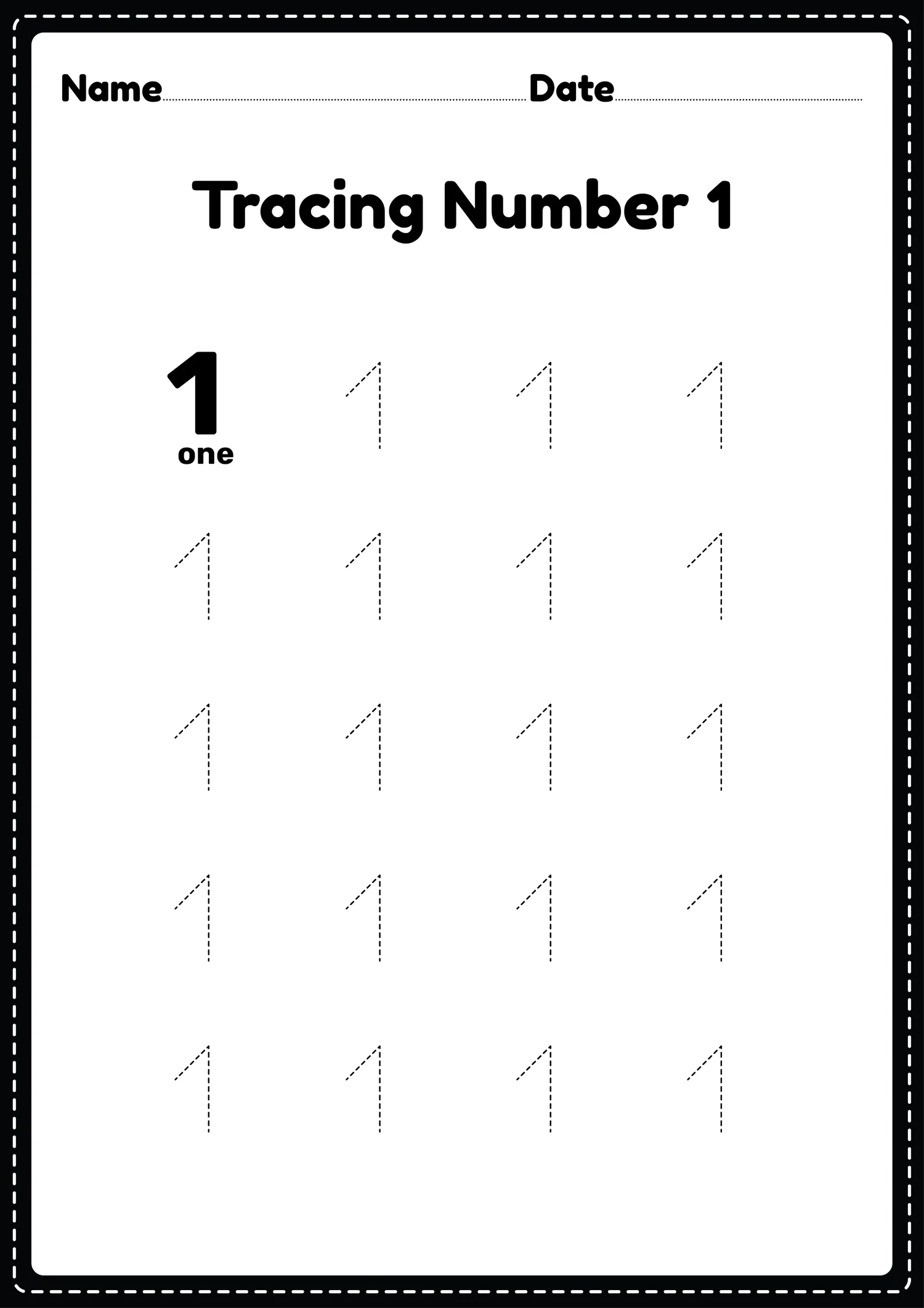 Tracing Number 1 Worksheet For Kindergarten Payhip