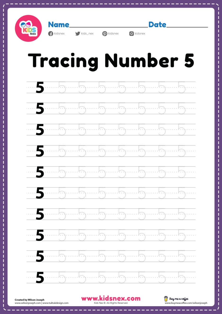 Tracing Number 5 Free Printable
