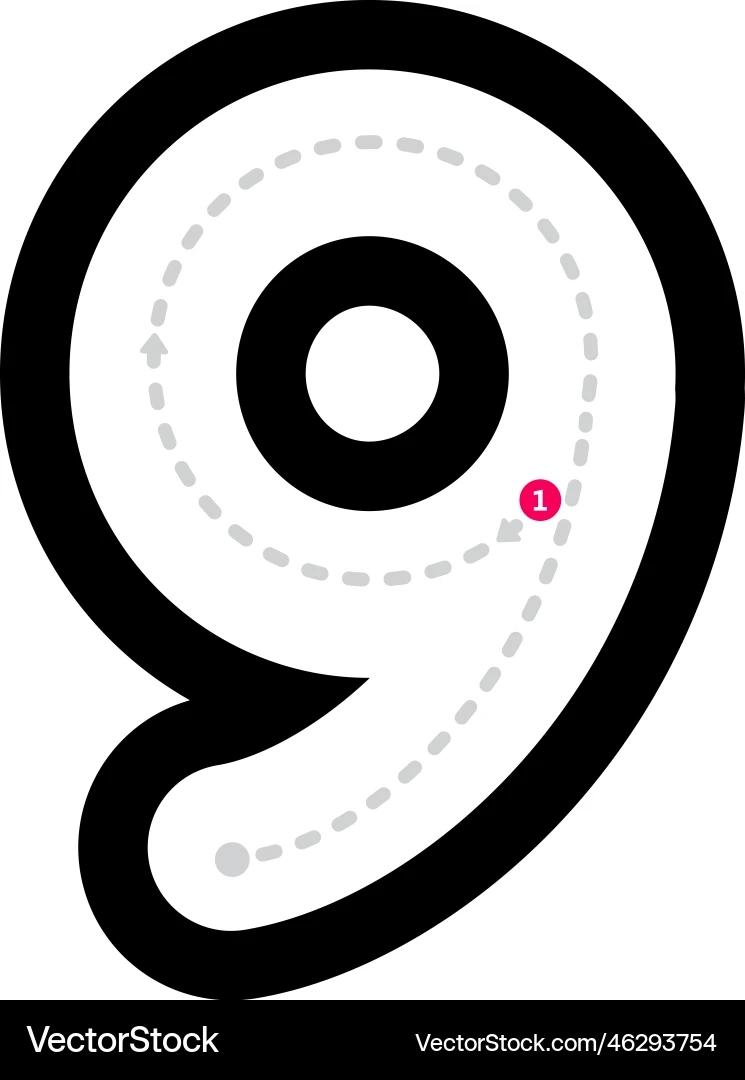 Tracing Number 9 Prewriting Dotted Line Math Royalty Free Vector 