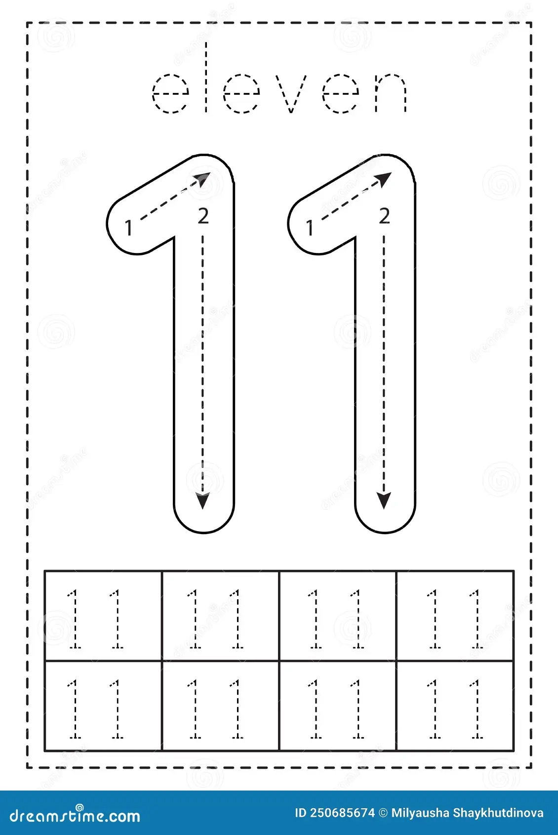 Tracing Number Eleven Preschool Worksheet Black And White Stock 