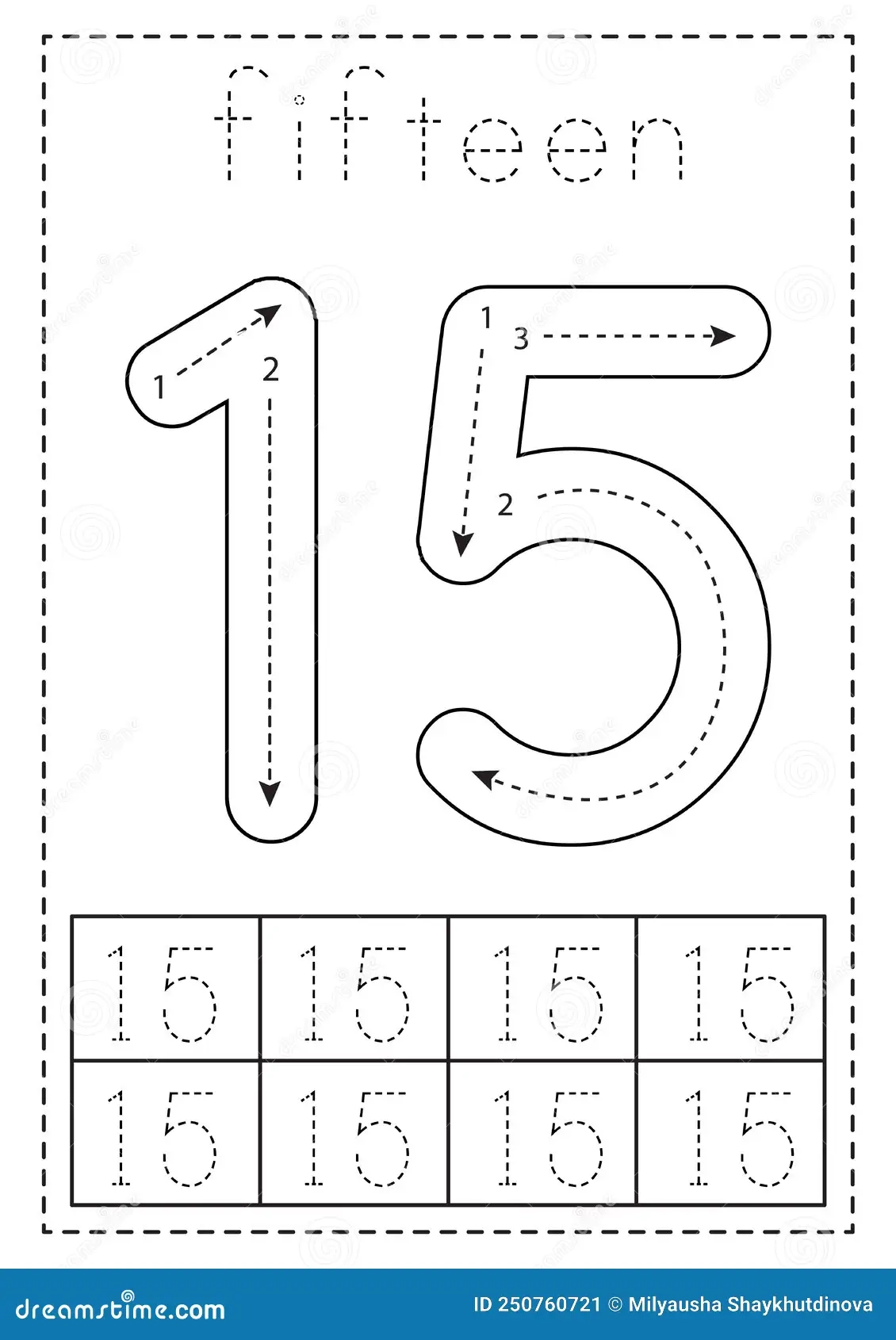 Tracing Number Fifteen Preschool Worksheet Black And White 