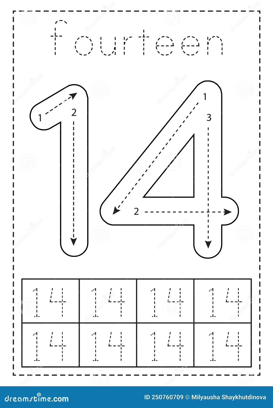 Tracing Number Fourteen Preschool Worksheet Black And White 