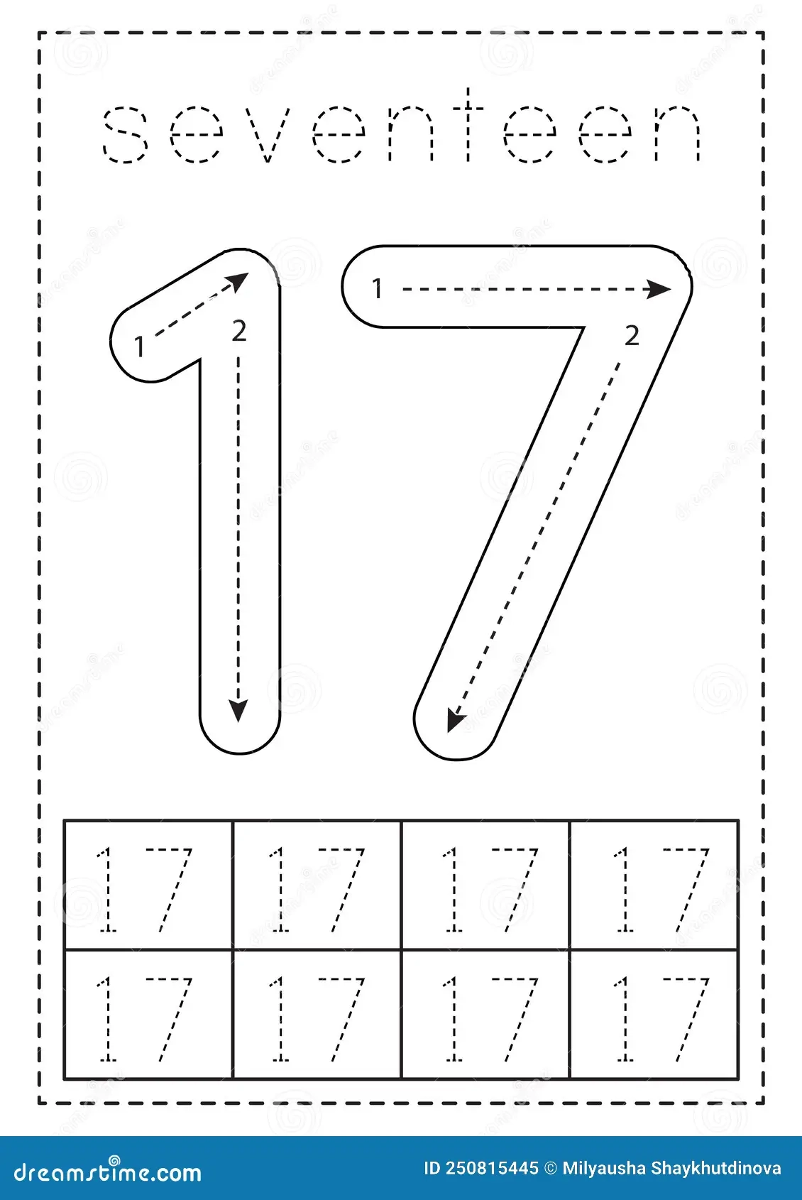 Tracing Number Seventeen Preschool Worksheet Black And White 