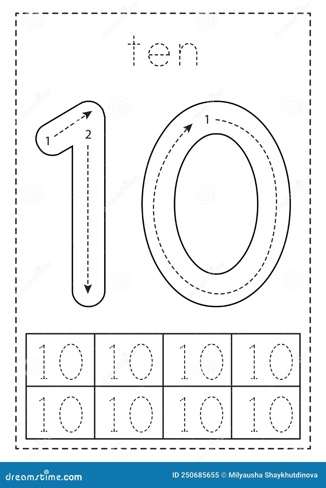 Tracing Number Ten Preschool Worksheet Black And White Stock 