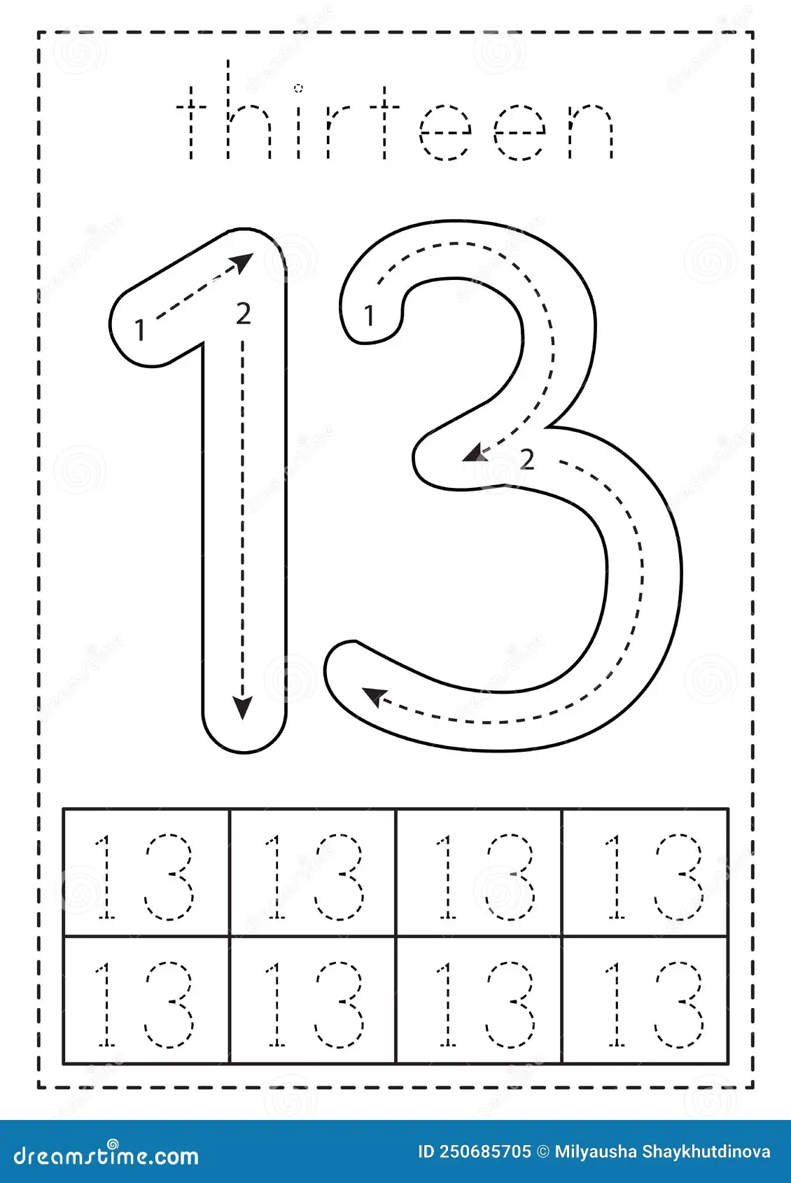Tracing Number Thirteen Preschool Worksheet Black And White 