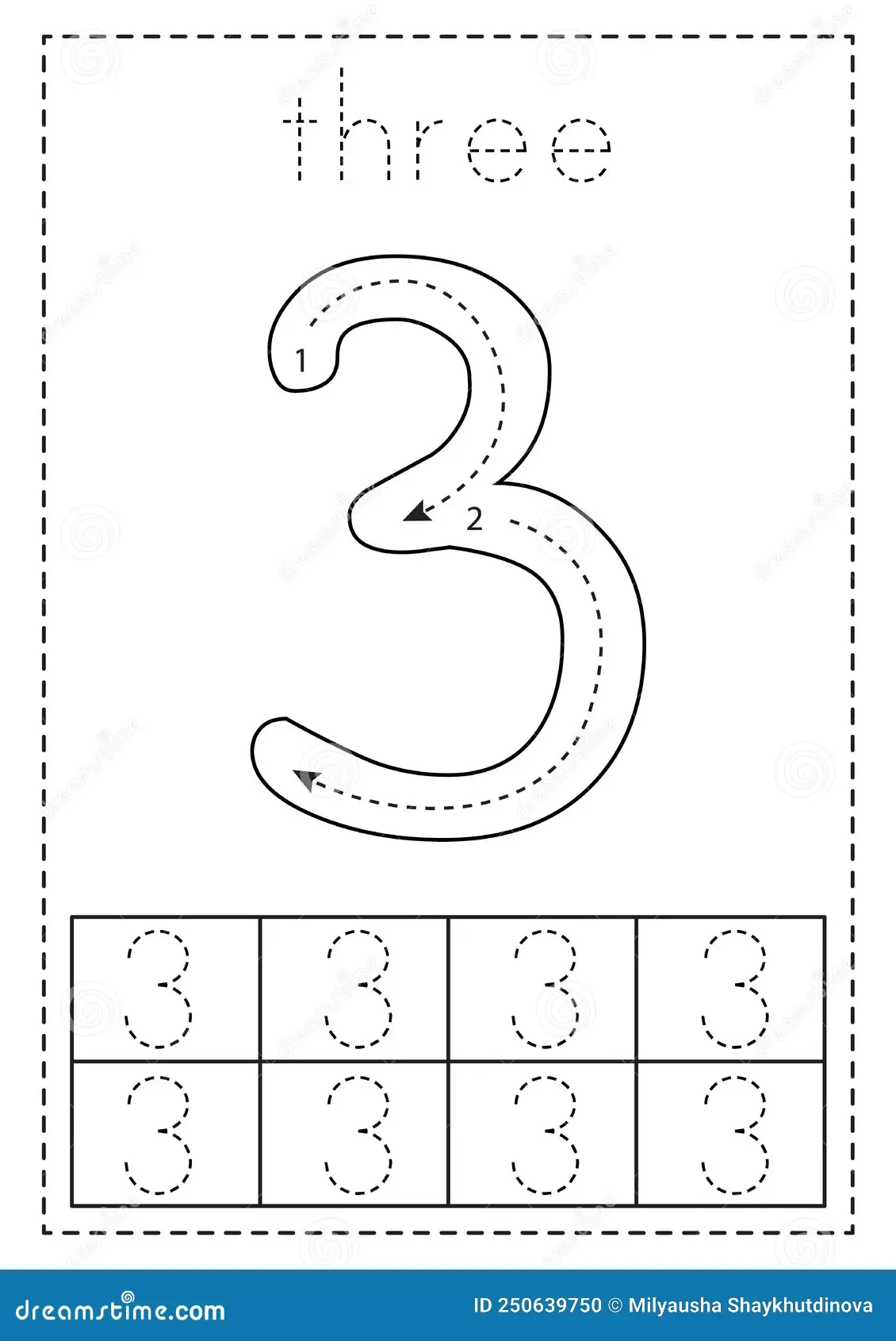 Tracing Number Three Preschool Worksheet Black And White Stock 