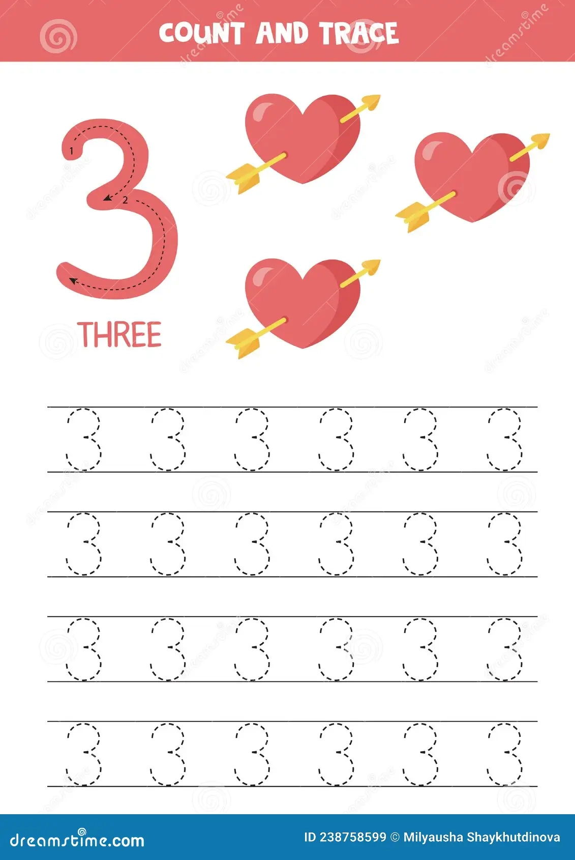 Tracing Number Three Preschool Worksheet With Cute Hearts With 