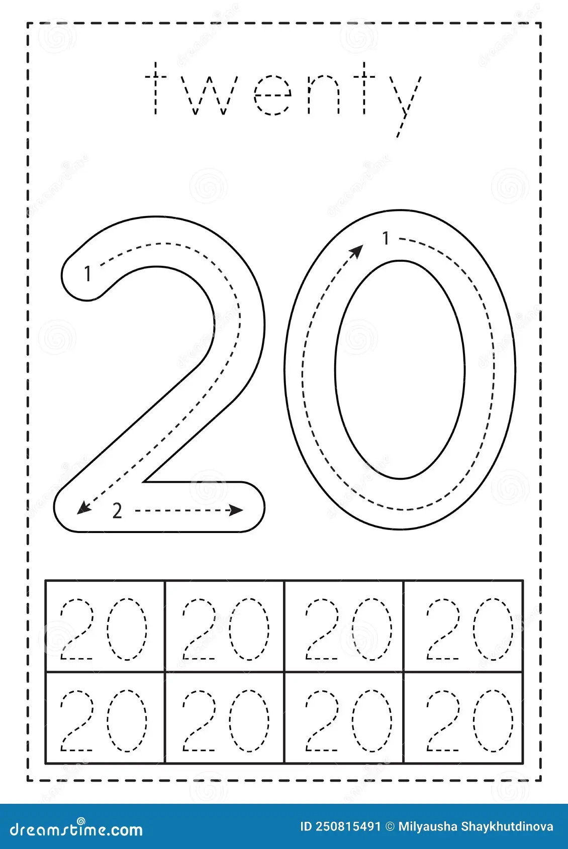 Tracing Number Twenty Preschool Worksheet Black And White Stock 