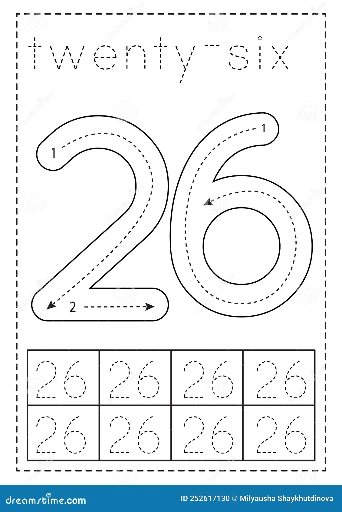 Tracing Number Twenty Six Preschool Worksheet Black And White 
