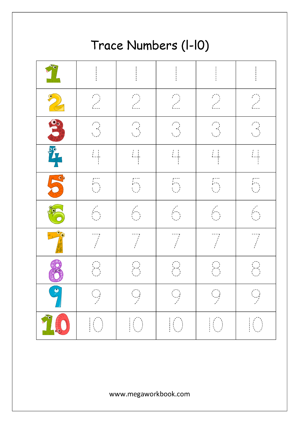 Free Number Tracing Worksheets 1 10