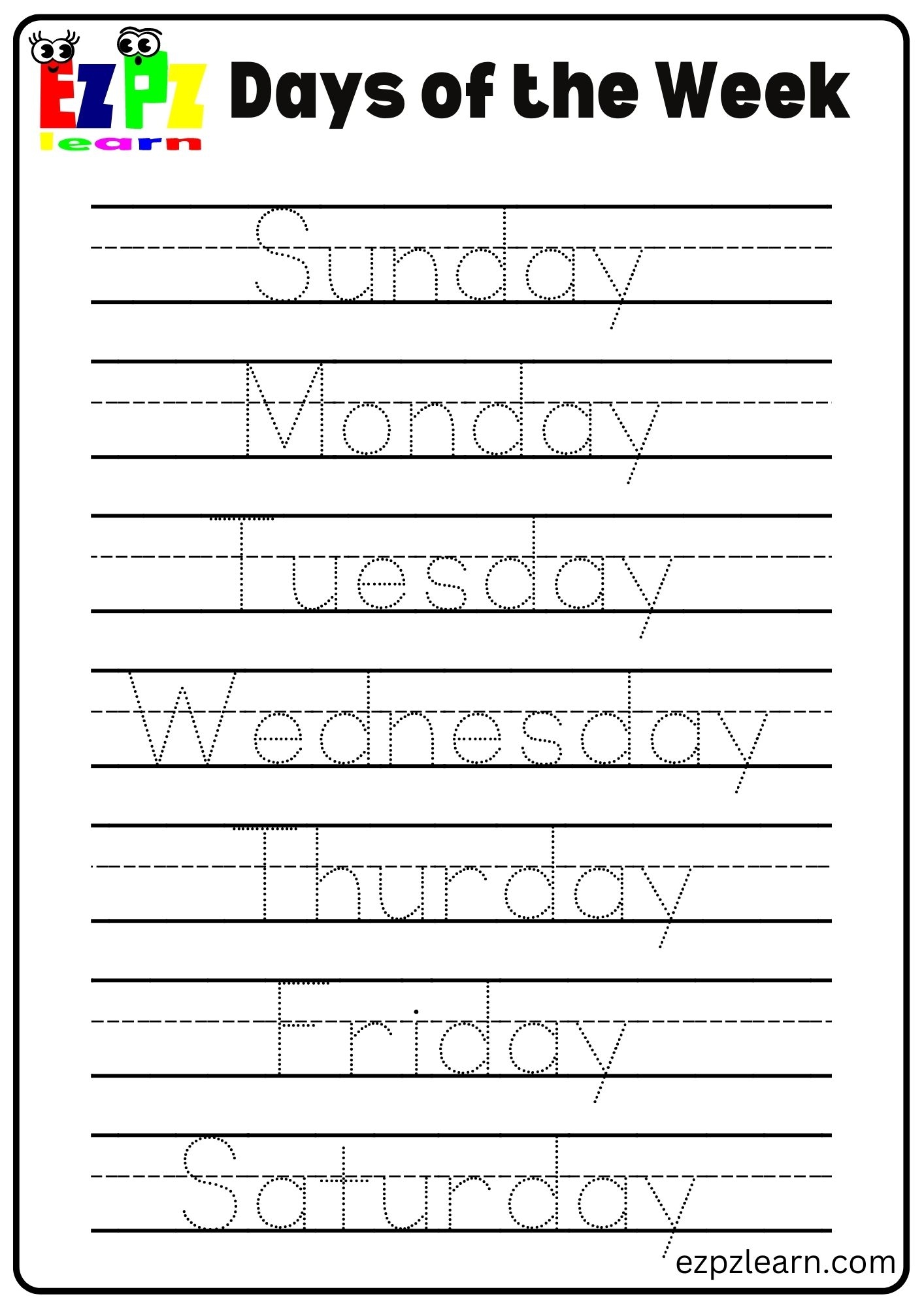 Tracing Page Days Of The Week Ezpzlearn