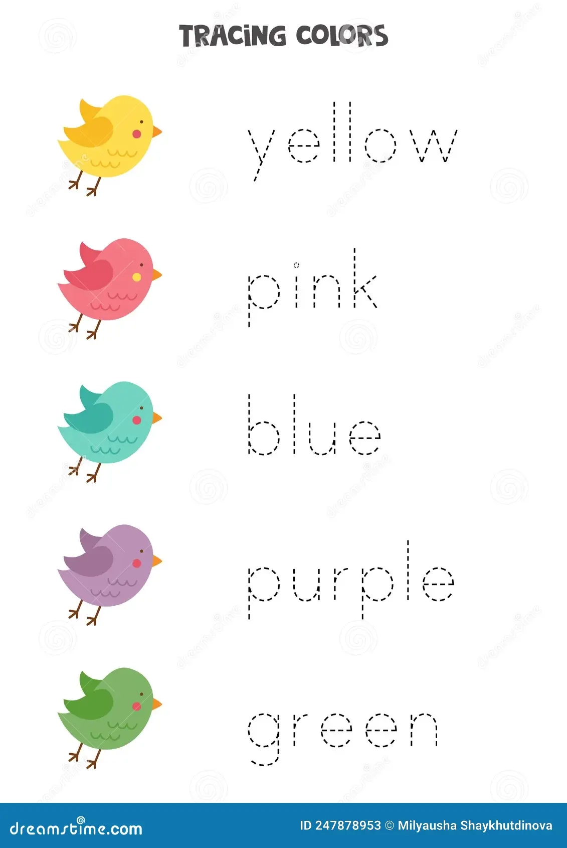 Tracing Words Of Basic Colors Preschool Worksheet Stock Vector 